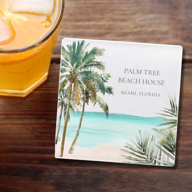 Personalized Tropical Palm Tree Leaves Blue Beach Glass Coaster (In situ)