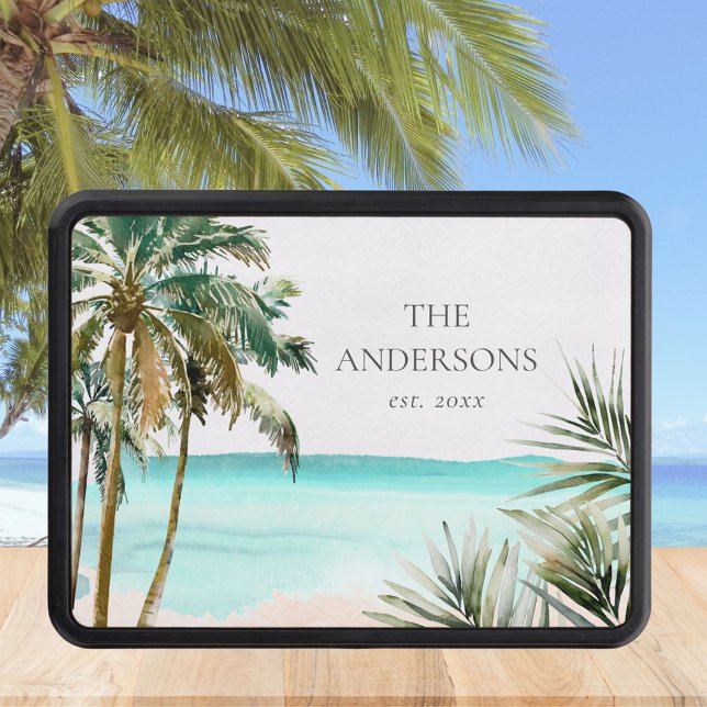 Personalized Tropical Palm Tree Leaves Blue Beach Hitch Cover (Close up)