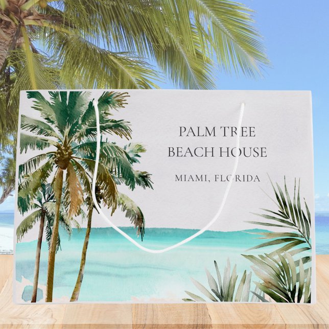 Personalized Tropical Palm Tree Leaves Blue Beach Large Gift Bag (In situ)