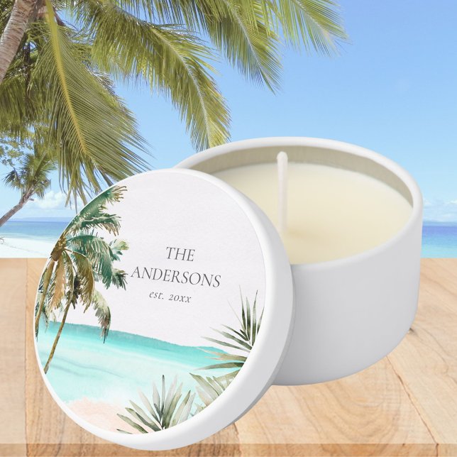 Personalized Tropical Palm Tree Leaves Blue Beach Mini Candle Favors (In situ)