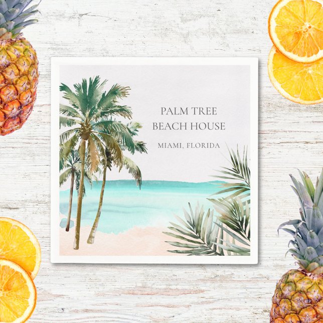 Personalized Tropical Palm Tree Leaves Blue Beach Napkins (In situ)