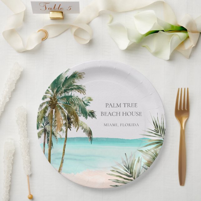Personalized Tropical Palm Tree Leaves Blue Beach Paper Plates (Wedding)