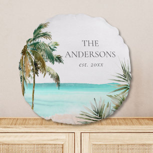 Personalized Tropical Palm Tree Leaves Blue Beach Round Pillow
