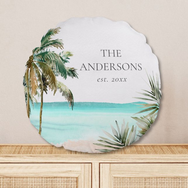 Personalized Tropical Palm Tree Leaves Blue Beach Round Pillow (In situ)
