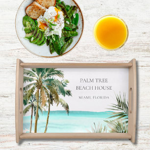 Personalized Tropical Palm Tree Leaves Blue Beach Serving Tray