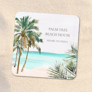Personalized Tropical Palm Tree Leaves Blue Beach Square Sticker