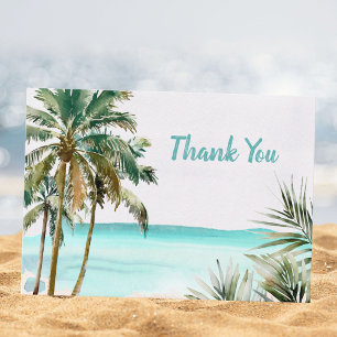 Personalized Tropical Palm Tree Leaves Blue Beach Thank You Card