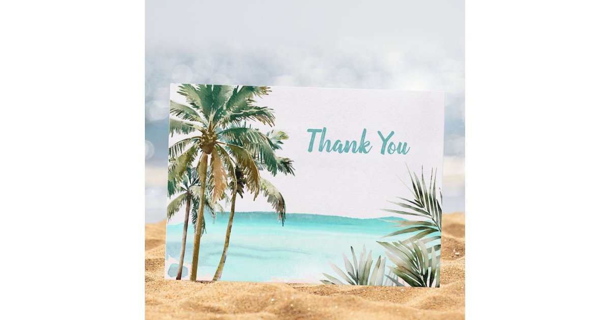 Personalized Tropical Palm Tree Leaves Blue Beach Thank You Card | Zazzle