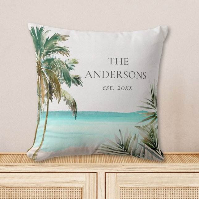 Personalized Tropical Palm Tree Leaves Blue Beach Throw Pillow (In situ)