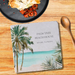 Personalized Tropical Palm Tree Leaves Blue Beach Trivet