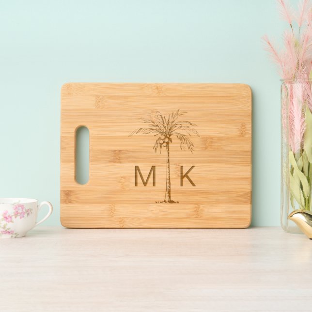 Personalized Tropical Palm Tree Monogram Engraved Cutting Board (Upright)