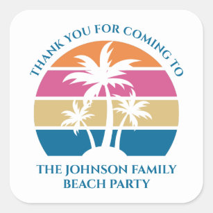 Personalized Tropical Palm Tree Sunset Beach Party Square Sticker