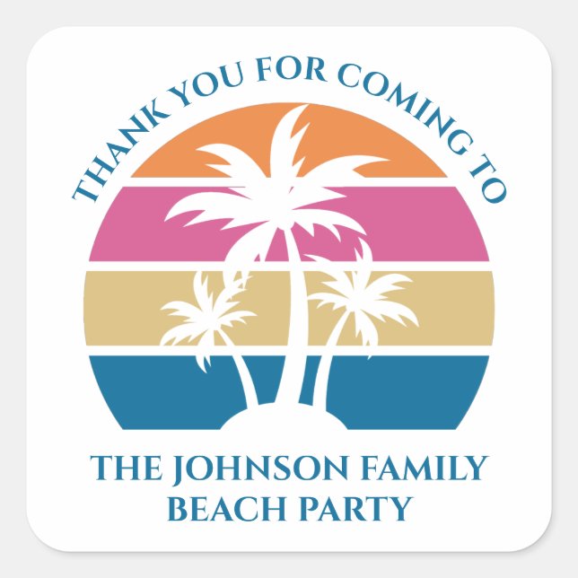 Personalized Tropical Palm Tree Sunset Beach Party Square Sticker (Front)