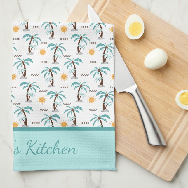Personalized Tropical Palm Tree Sunshine Teal Kitchen Towel (Quarter Fold)