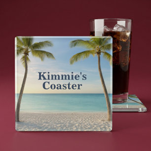 Personalized Tropical Palm Trees Beach Paradise Glass Coaster