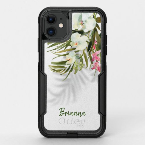 Personalized Tropical Palms Shadows Pink Floral  OtterBox Commuter iPhone 11 Case