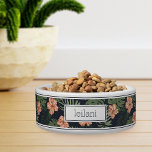 Personalized Tropical Peach Hibiscus Pattern Pet<br><div class="desc">For the pets with the most aloha,  this cute Hawaiian inspired dog or cat bowl features a pattern of peach hibiscus flowers and lush green foliage on a navy blue background. Personalize with your pet's name.</div>