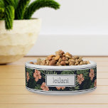 Personalized Tropical Peach Hibiscus Pattern Pet Bowl<br><div class="desc">For the pets with the most aloha,  this cute Hawaiian inspired dog or cat bowl features a pattern of peach hibiscus flowers and lush green foliage on a navy blue background. Personalize with your pet's name.</div>