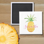 Personalized Tropical Pineapple Magnet<br><div class="desc">This cute and girly magnet is decorated with a yellow watercolor pineapple and a name in pink. 
You can customize it by changing the name or making it a monogram.
Original Watercolor © Michele Davies.</div>