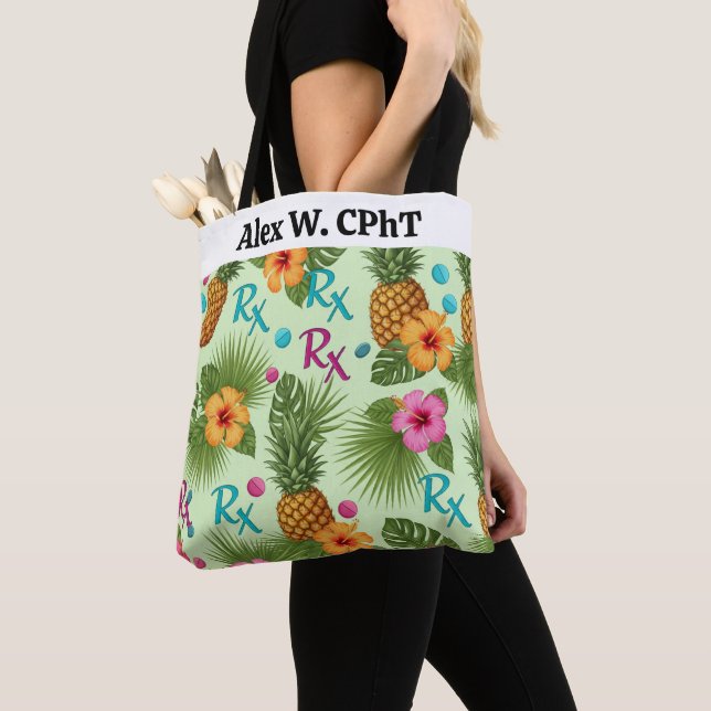 Personalized Tropical Pineapple & RX Pharmacy Tote Bag (Close Up)