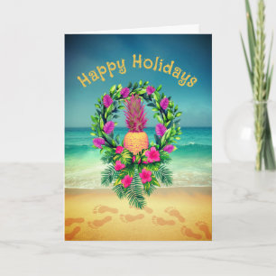 Personalized Tropical Pineapple Wreath Holiday Letterpress Thank You Card
