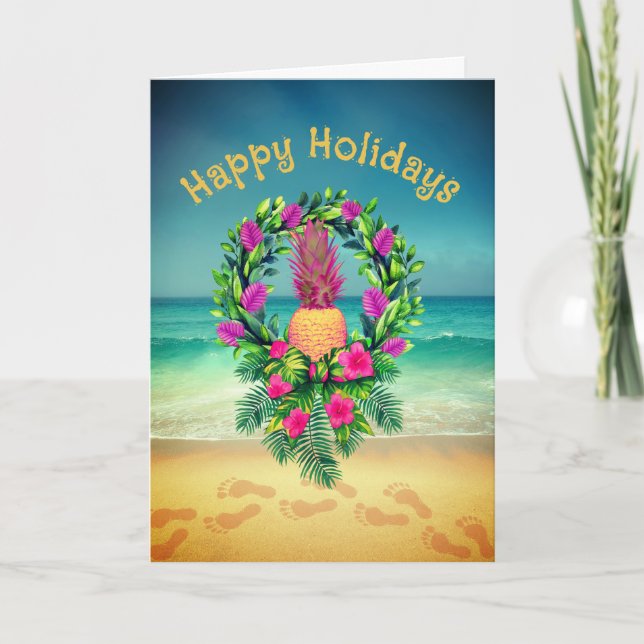 Personalized Tropical Pineapple Wreath Holiday Thank You Card (Front)