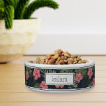 Personalized Tropical Pink Hibiscus Pattern Pet<br><div class="desc">For the pets with the most aloha,  this cute Hawaiian inspired dog or cat bowl features a pattern of vibrant pink hibiscus flowers and lush green botanical foliage on a dark navy blue background. Personalize with your pet's name.</div>