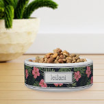 Personalized Tropical Pink Hibiscus Pattern Pet Bowl<br><div class="desc">For the pets with the most aloha,  this cute Hawaiian inspired dog or cat bowl features a pattern of vibrant pink hibiscus flowers and lush green botanical foliage on a dark navy blue background. Personalize with your pet's name.</div>