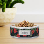 Personalized Tropical Red Hibiscus Pattern Pet<br><div class="desc">For the pets with the most aloha,  this cute Hawaiian inspired dog or cat bowl features a pattern of red hibiscus flowers and lush green foliage on a navy blue background. Personalize with your pet's name.</div>