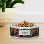 Personalized Tropical Red Hibiscus Pattern Pet Bowl<br><div class="desc">For the pets with the most aloha,  this cute Hawaiian inspired dog or cat bowl features a pattern of red hibiscus flowers and lush green foliage on a navy blue background. Personalize with your pet's name.</div>