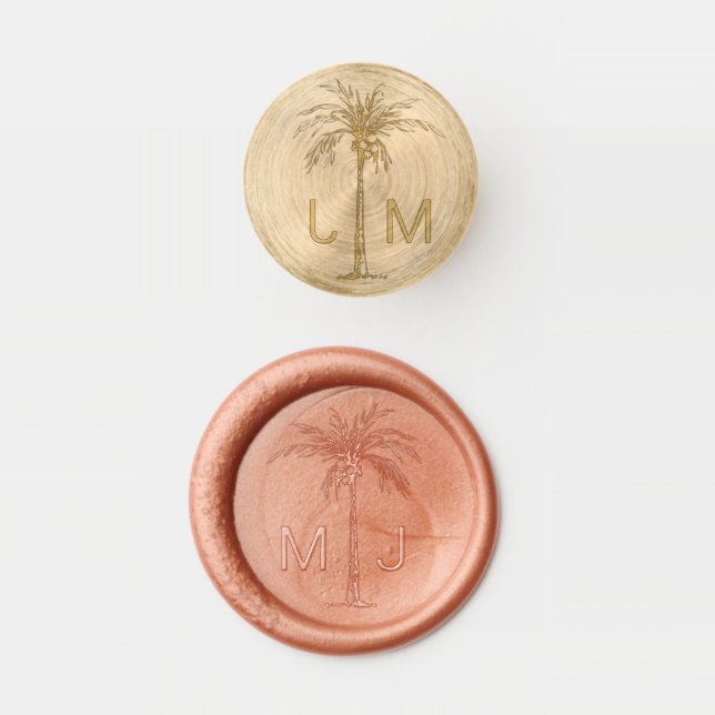 Personalized Tropical Rose Gold Palm Tree Monogram Wax Seal Stamp (Stamped)