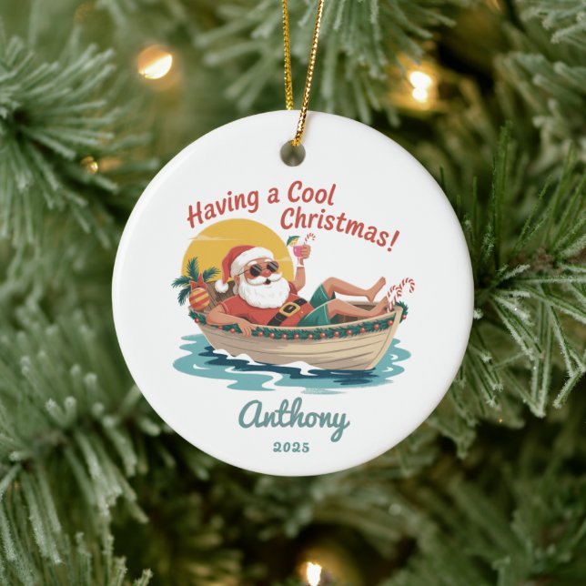 Personalized Tropical Santa Christmas Ceramic Ornament (Tree)