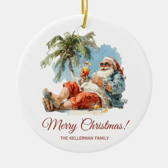 Personalized Tropical Santa Christmas Ceramic Ornament (Front)