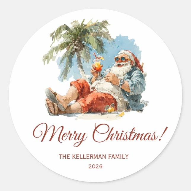Personalized Tropical Santa Christmas Classic Round Sticker (Front)