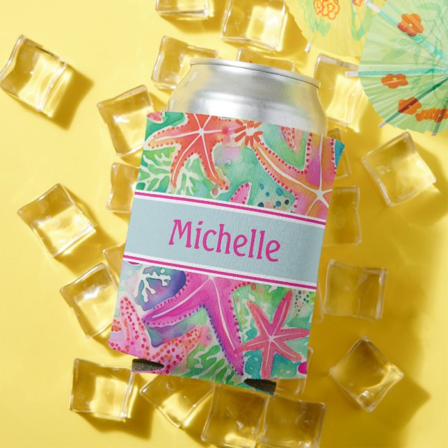 Personalized Tropical Starfish Summer Beach Can Cooler (In Situ Summer)
