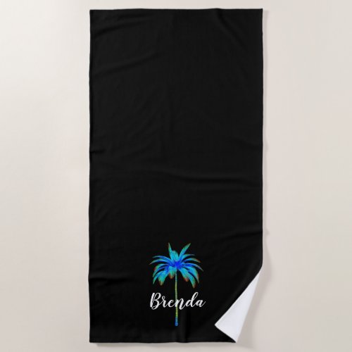 Personalized Tropical Turquoise Palm Tree Black Beach Towel