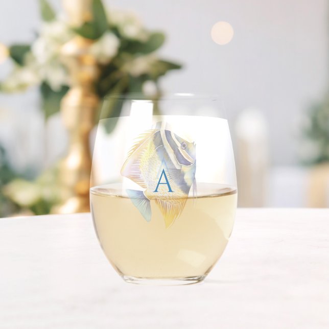 Personalized Tropical Watercolor Angel Fish II Stemless Wine Glass (Insitu (Wedding))