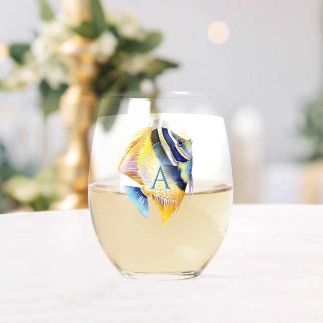 Personalized Tropical Watercolor Angel Fish Stemless Wine Glass (Insitu (Wedding))