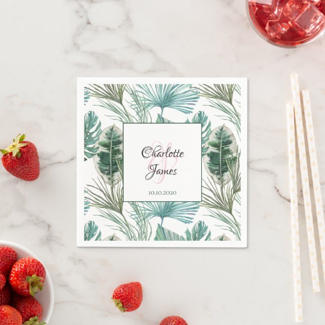 Personalized Tropical Wedding Palm Frond Pattern Napkins (Insitu)