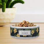 Personalized Tropical Yellow Hibiscus Pattern Pet<br><div class="desc">For the pets with the most aloha,  this cute Hawaiian inspired dog or cat bowl features a pattern of yellow hibiscus flowers and lush green foliage on a navy blue background. Personalize with your pet's name.</div>