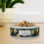 Personalized Tropical Yellow Hibiscus Pattern Pet Bowl<br><div class="desc">For the pets with the most aloha,  this cute Hawaiian inspired dog or cat bowl features a pattern of yellow hibiscus flowers and lush green foliage on a navy blue background. Personalize with your pet's name.</div>