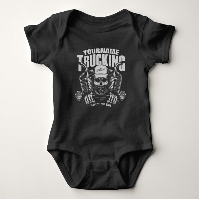 Personalized Trucking Skull Trucker Big Rig Truck Baby Bodysuit (Front)