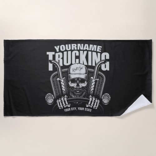 Personalized Trucking Skull Trucker Big Rig Truck  Beach Towel