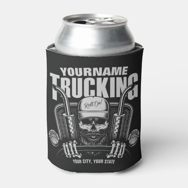 Personalized Trucking Skull Trucker Big Rig Truck  Can Cooler (Can Front)
