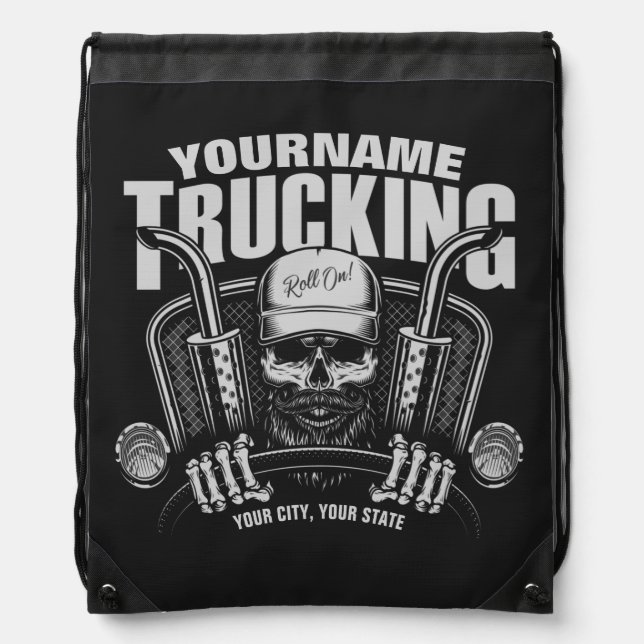 Personalized Trucking Skull Trucker Big Rig Truck  Drawstring Bag (Front)