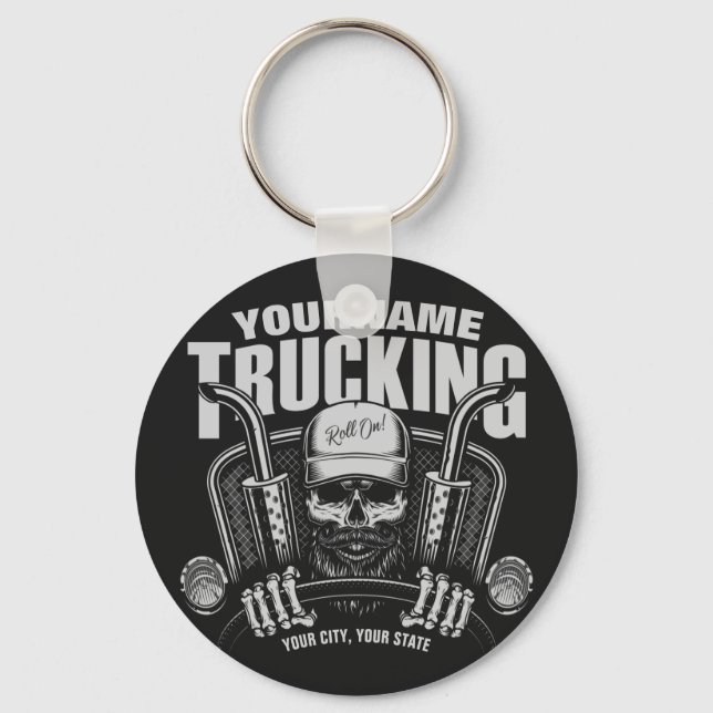 Personalized Trucking Skull Trucker Big Rig Truck Keychain (Front)