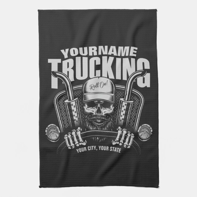 Personalized Trucking Skull Trucker Big Rig Truck  Kitchen Towel (Vertical)