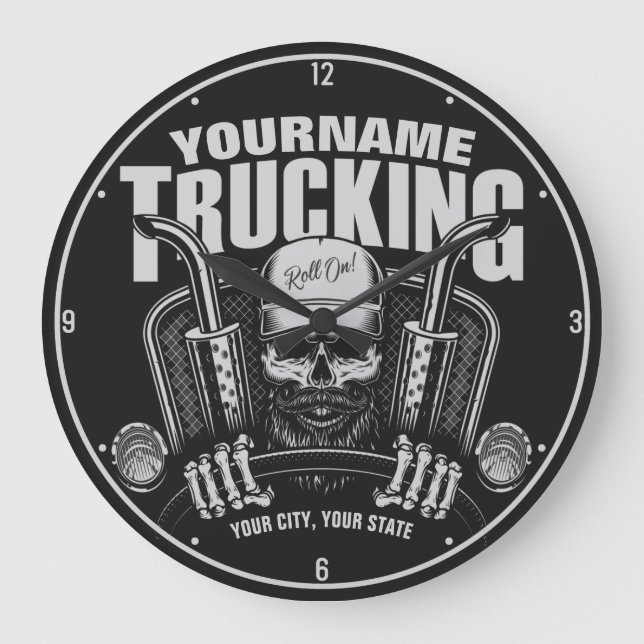 Personalized Trucking Skull Trucker Big Rig Truck  Large Clock (Front)