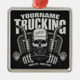 Personalized Trucking Skull Trucker Big Rig Truck  Metal Ornament