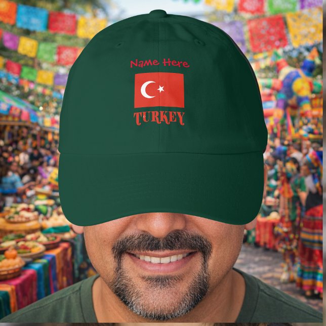 Personalized Turkey Flag Hat (Personalized dad hat has Turkish Flag with TURKEY below in red. Above, also in red, add a name.)